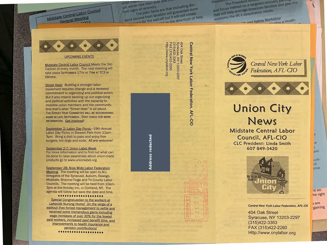 Photograph of a newsletter: Union City News, Midstate Central Labor Council, September 2002, copy 3, page 1.