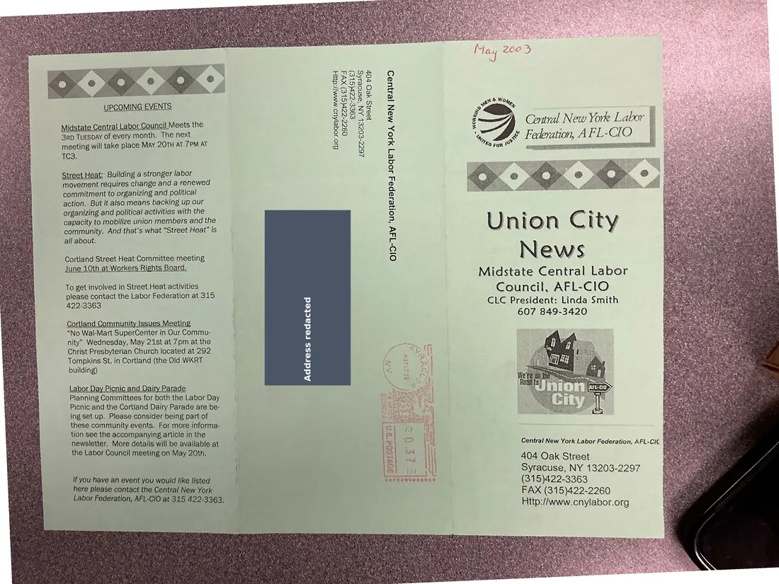 Photograph of a newsletter: Union City News, Midstate Central Labor Council, May 2003, page 1.