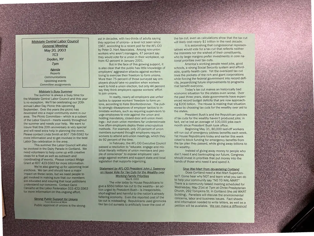 Photograph of a newsletter: Union City News, Midstate Central Labor Council, May 2003, page 2.