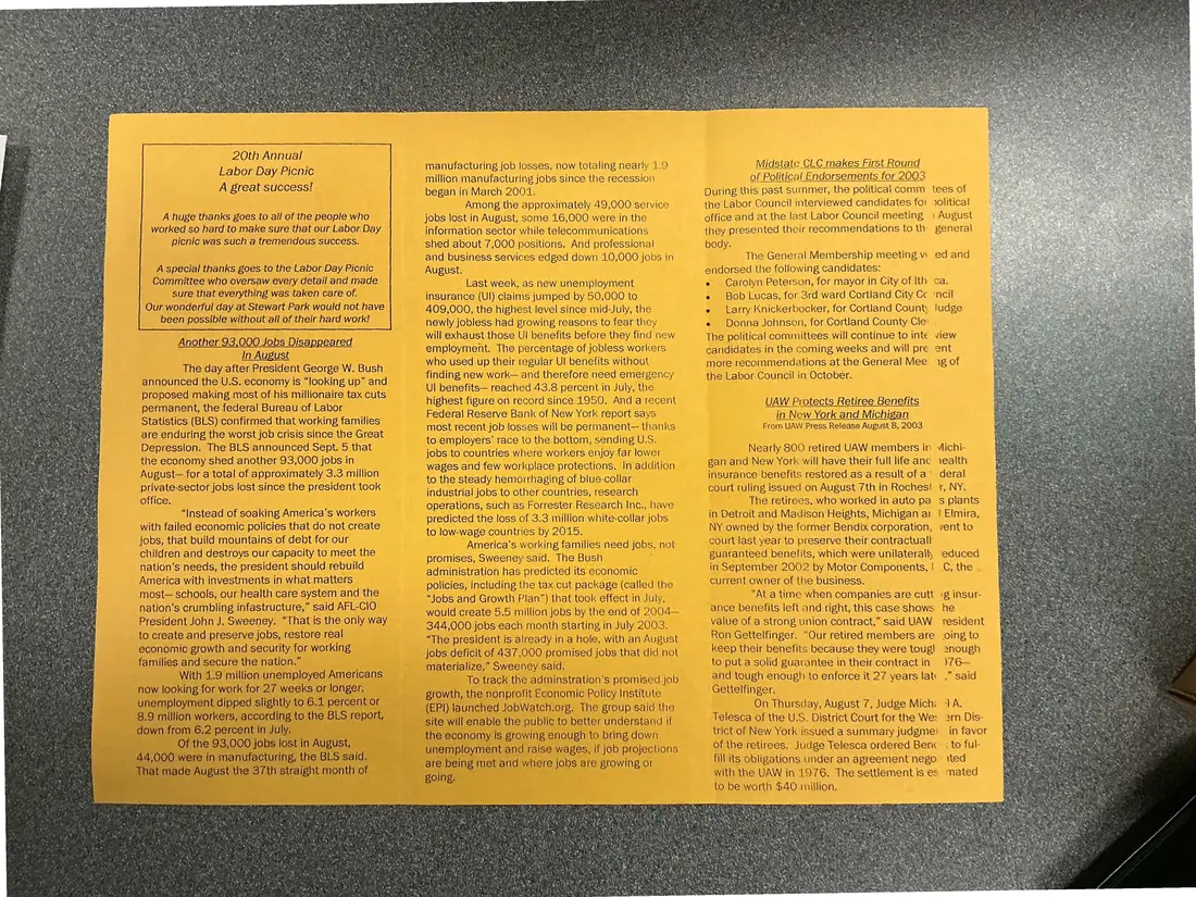 Photograph of a newsletter: Union City News inside spread: 20th Annual Labor Day Picnic [2003], page 1.