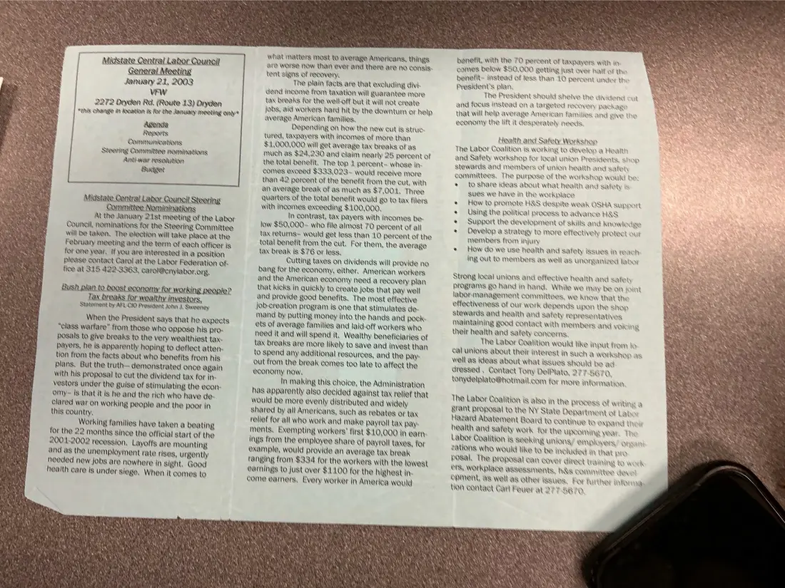 Photograph of a newsletter: Union City News, Midstate Central Labor Council, January [2003], page 2.