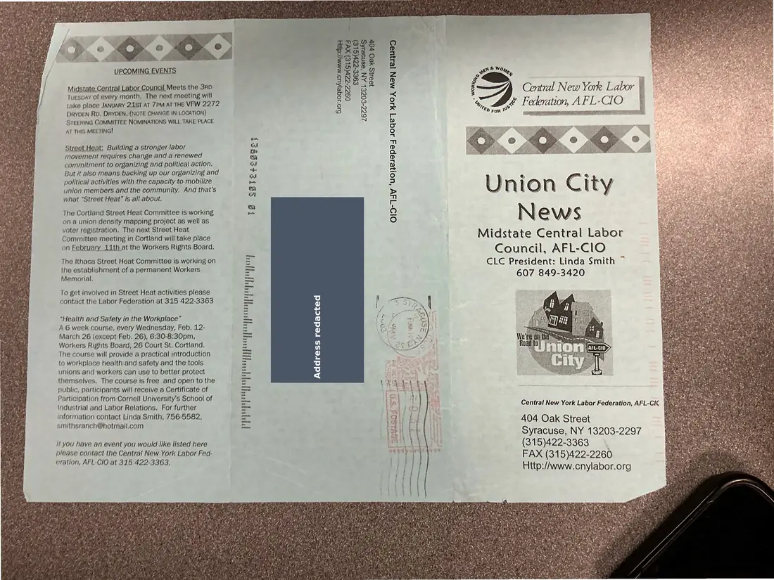 Photograph of a newsletter: Union City News, Midstate Central Labor Council, January [2003], page 1.