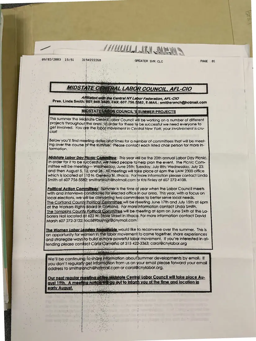 Photograph of a newsletter: Midstate Central Labor Council's Summer Projects (fax), page 1.