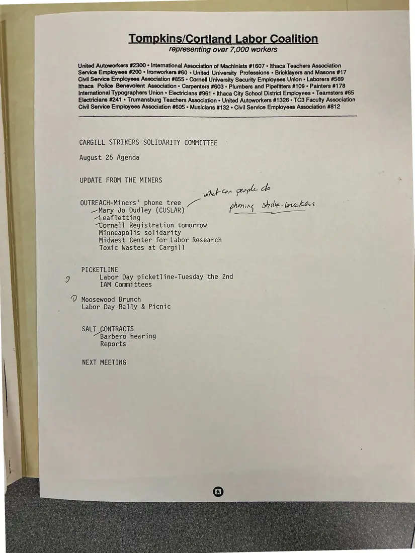 Photograph of a agenda: Cargill Strikers Solidarity Committee agenda, August 25 [1986], page 1.