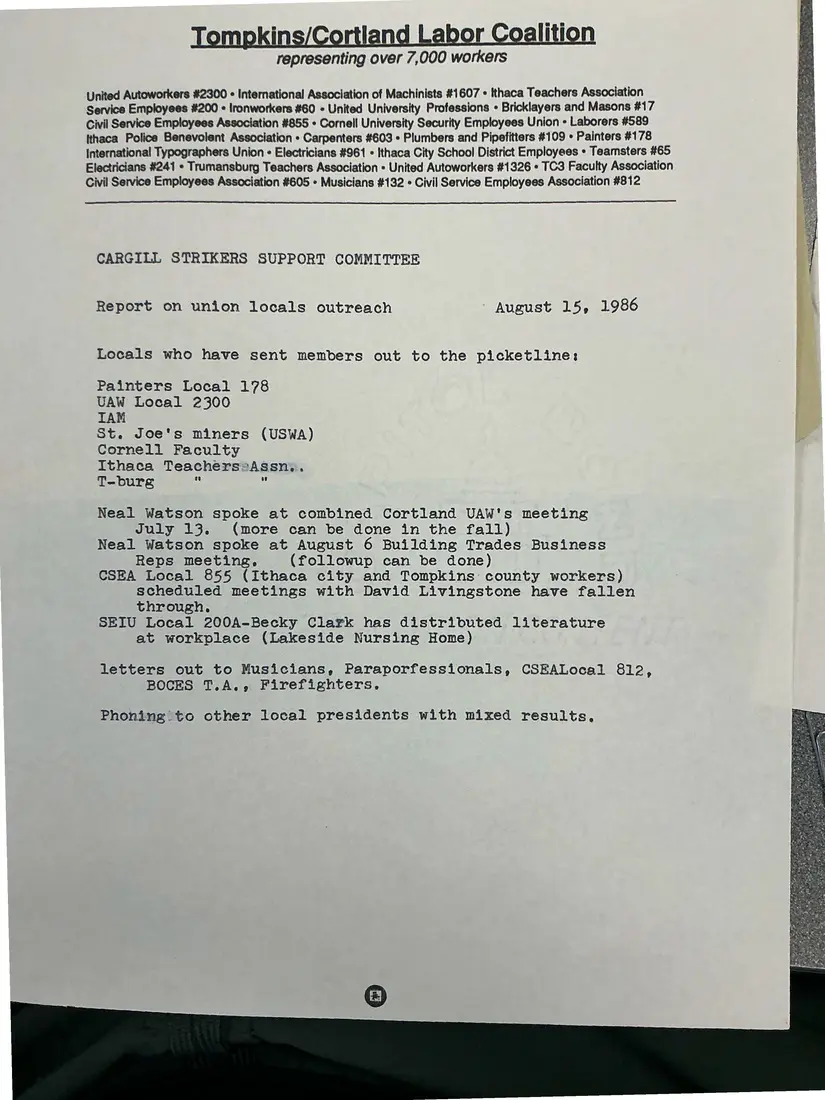 Photograph of a report: Cargill Strikers Support Committee: report on union locals outreach, page 1.
