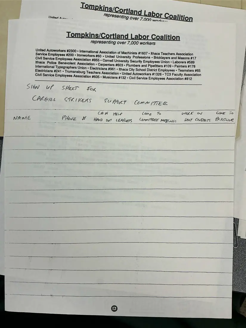Photograph of a form: Sign-up sheet for the Cargill Strikers Support Committee (blank), page 1.