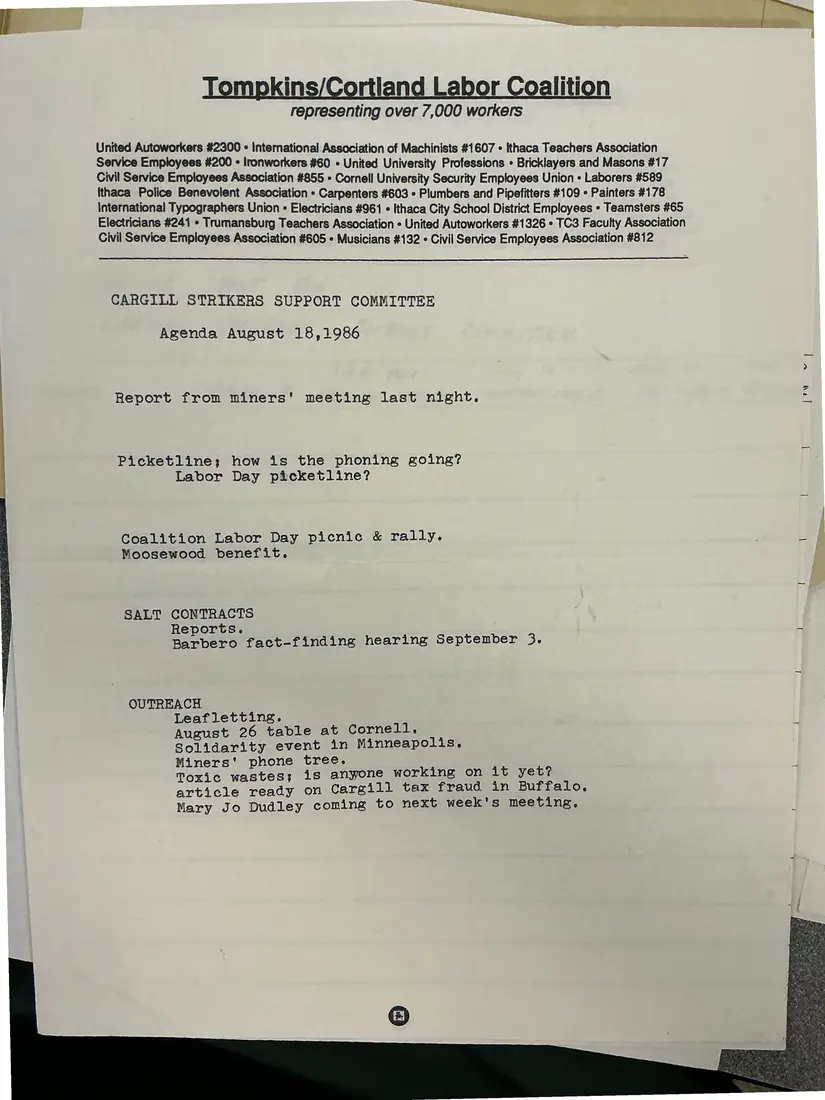Photograph of a agenda: Cargill Strikers Support Committee agenda, August 18, 1986, page 1.