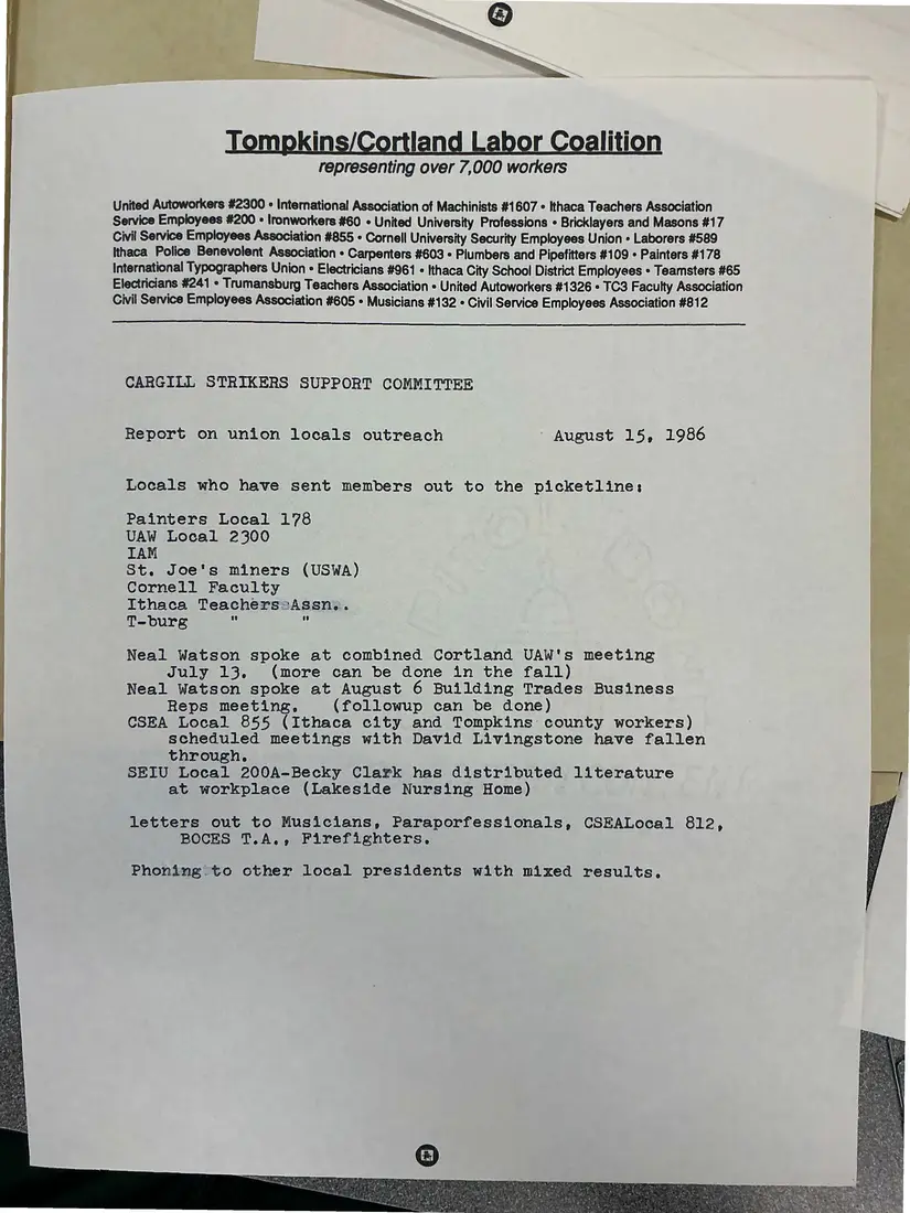Photograph of a report: Cargill Strikers Support Committee: report on union locals outreach, copy 2.