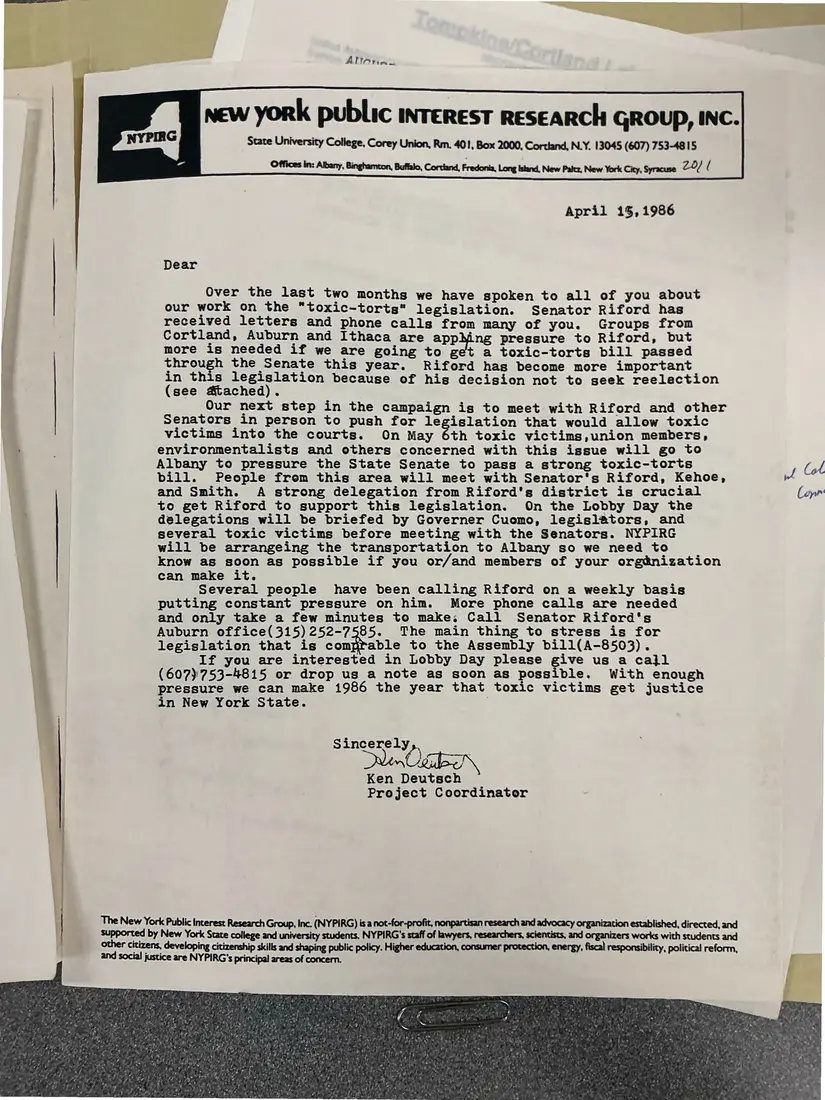 Photograph of a letter: NYPIRG letter on toxic-torts legislation, page 1.