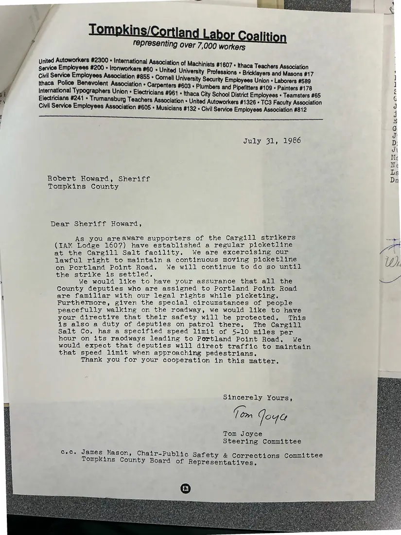 Photograph of a letter: Tom Joyce to Sheriff Robert Howard on the Cargill picket line, page 1.