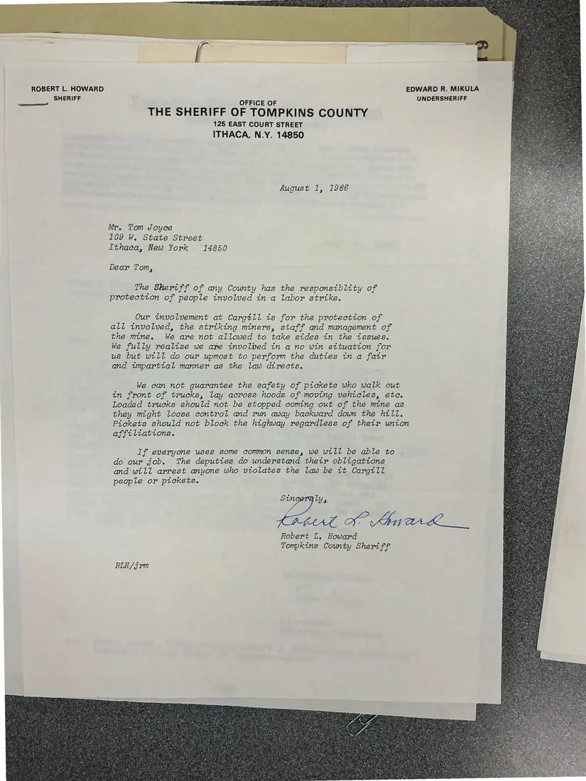 Photograph of a letter: Sheriff Robert Howard's reply on policing the Cargill strike, page 1.