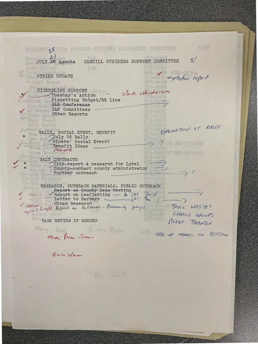 Photograph of a agenda: Cargill Strikers Support Committee agenda, July [1986], page 1.