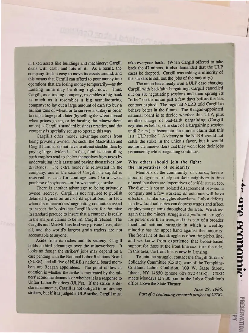 Photograph of a pamphlet: “A little conquest in Lansing”: Cargill Strikers' Solidarity Committee pamphlet, page 3.