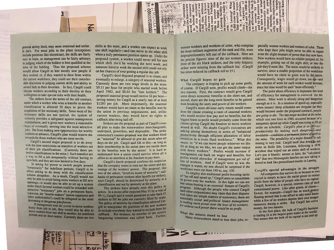 Photograph of a pamphlet: “A little conquest in Lansing”: Cargill Strikers' Solidarity Committee pamphlet, page 2.