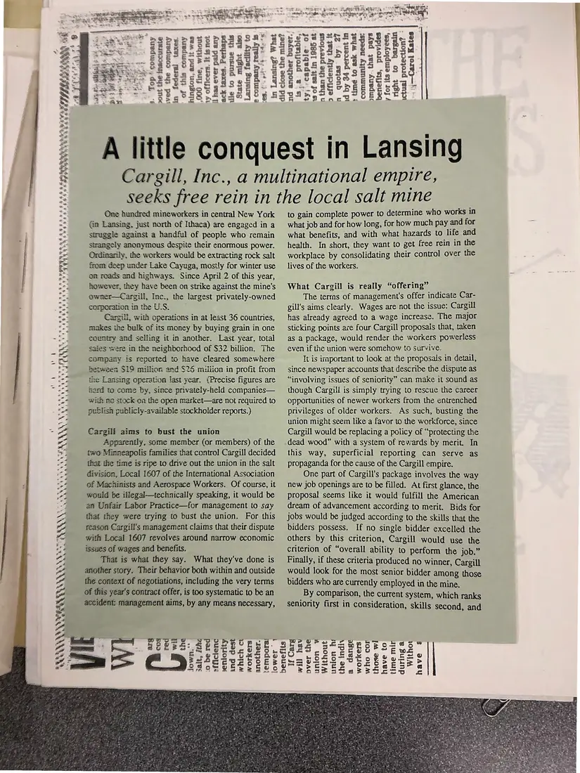 Photograph of a pamphlet: “A little conquest in Lansing”: Cargill Strikers' Solidarity Committee pamphlet, page 1.