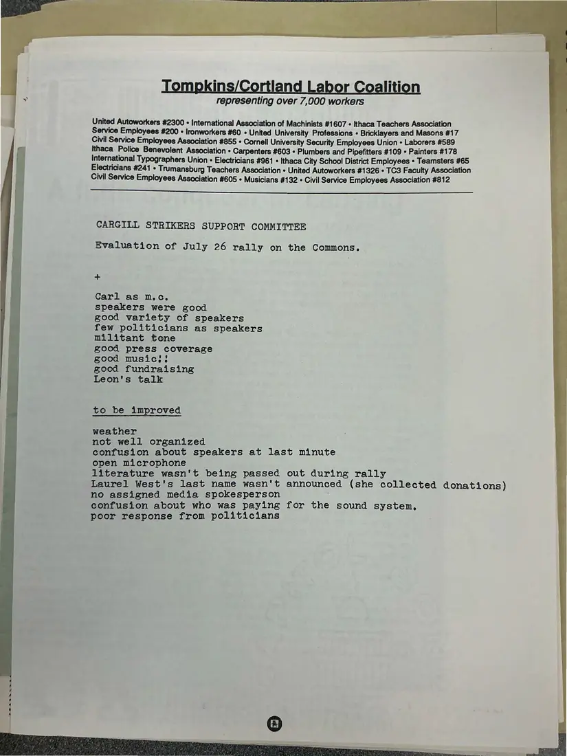 Photograph of a report: Evaluation of the July 26 rally on the Commons, page 1.