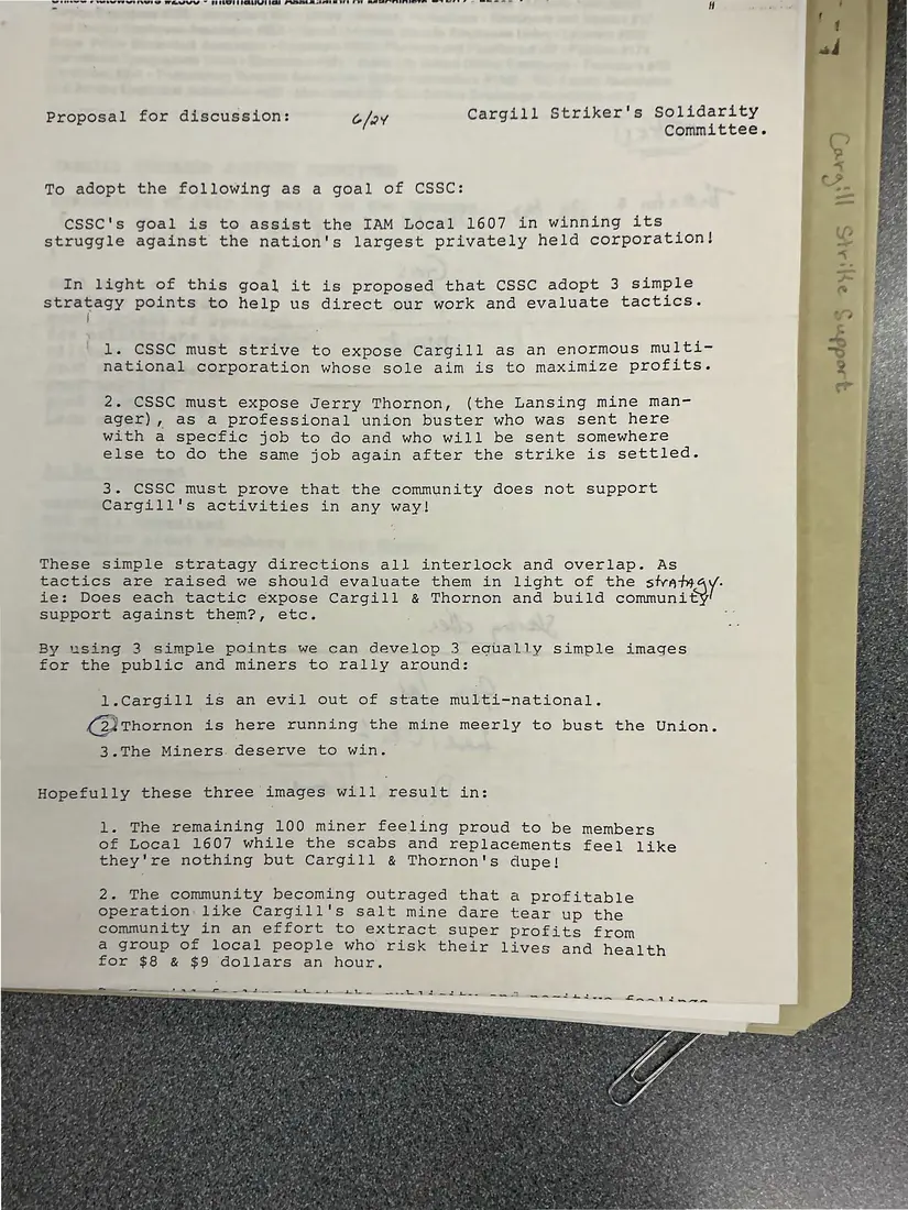 Photograph of a proposal: “Proposal for discussion”: three strategy points for the Cargill solidarity campaign, page 1.