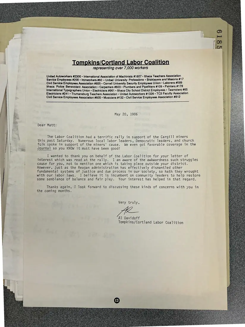 Photograph of a letter: Al Davidoff to Congressman Matthew McHugh, thanking him for his letter, page 1.