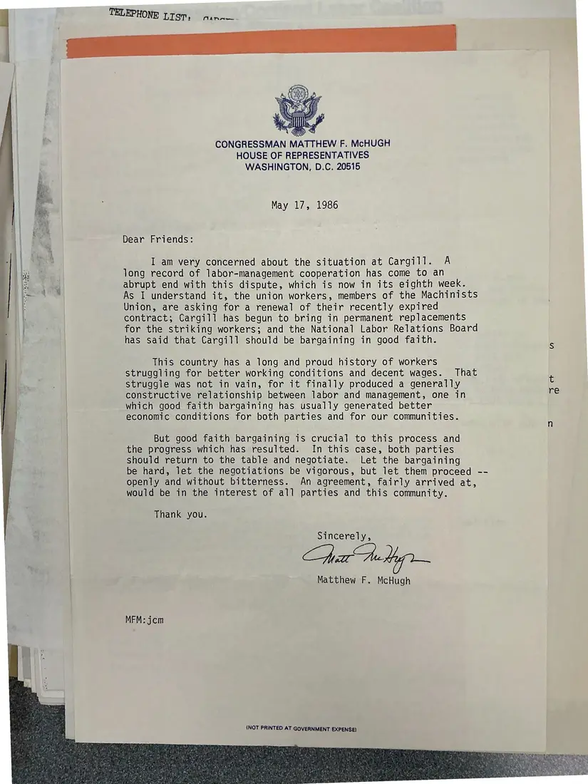 Photograph of a letter: Congressman Matthew McHugh to the rally: “I am very concerned about the situation at Cargill”, page 1.