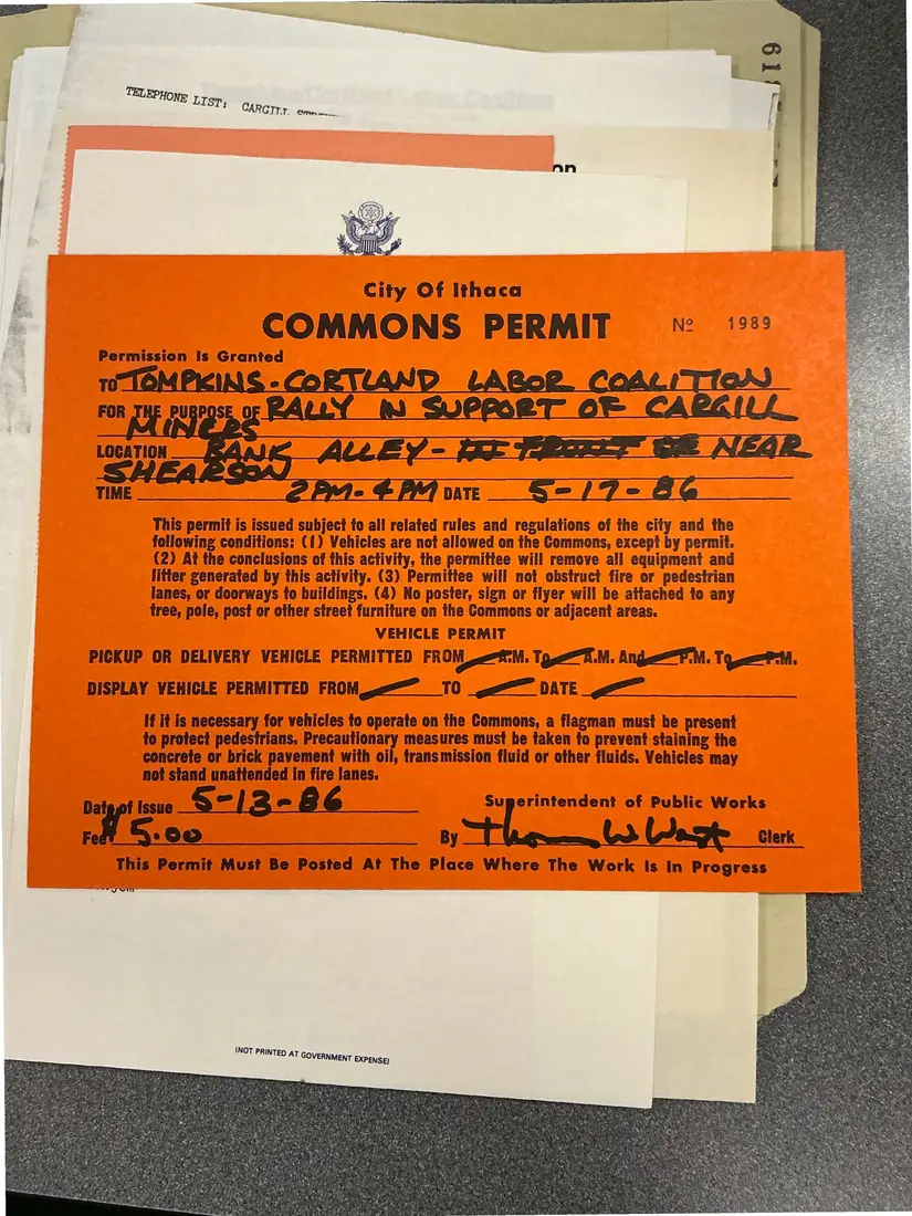 Photograph of a permit: City of Ithaca agreement and Commons permit for a Cargill support rally, page 2.
