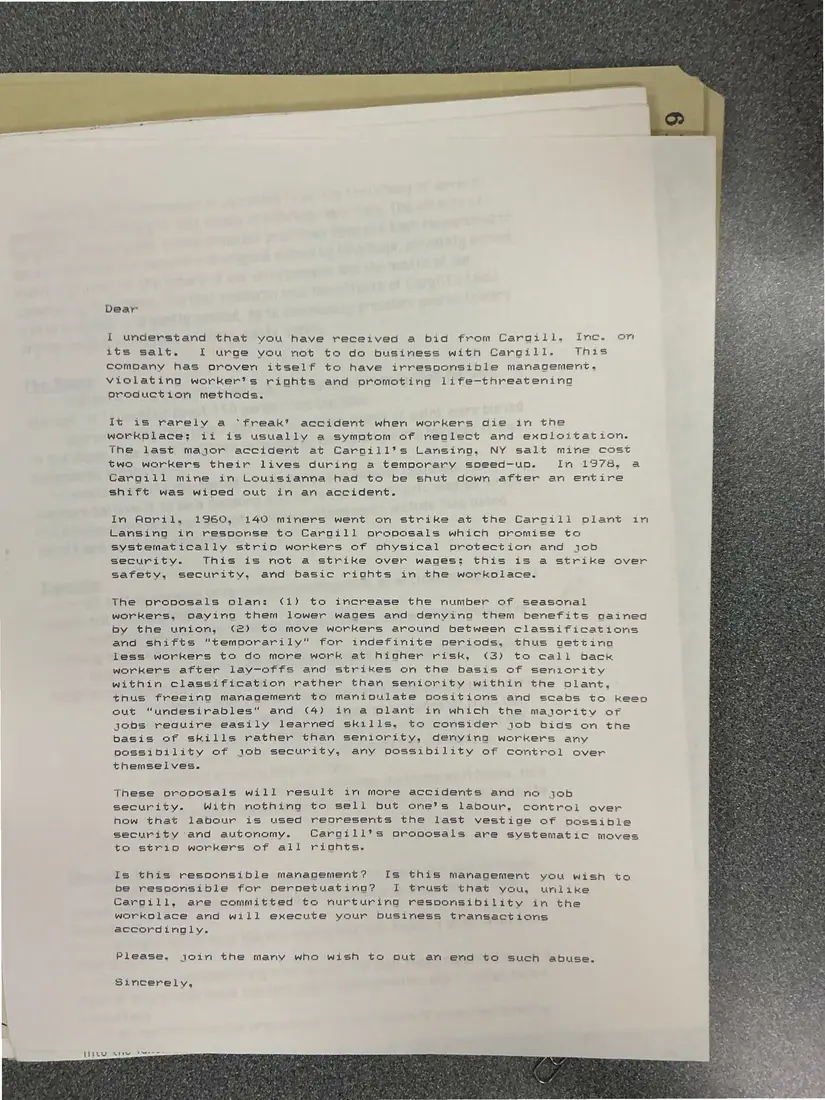 Photograph of a letter: Model letter to Cargill salt customers: “It is rarely a ‘freak’ accident…”, page 1.
