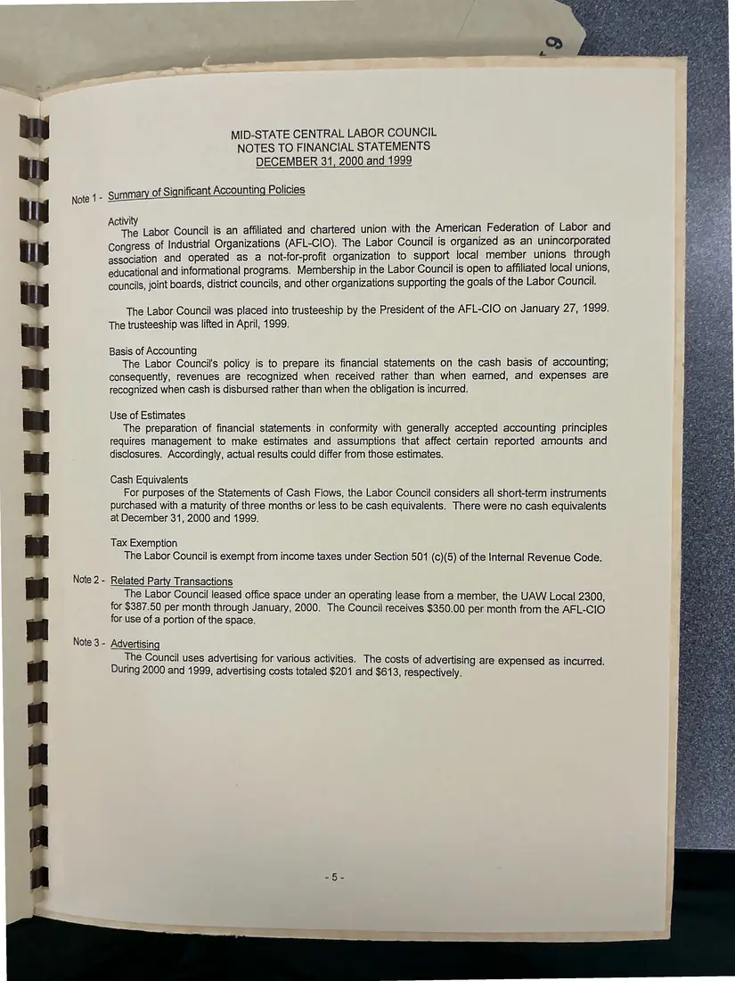 Photograph of a financial report: Midstate Central Labor Council financial report, 2000 and 1999, page 8.