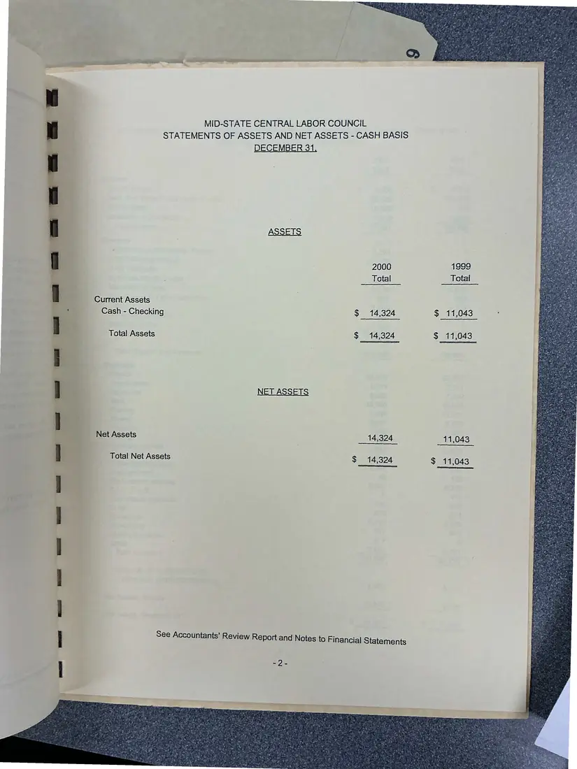 Photograph of a financial report: Midstate Central Labor Council financial report, 2000 and 1999, page 5.