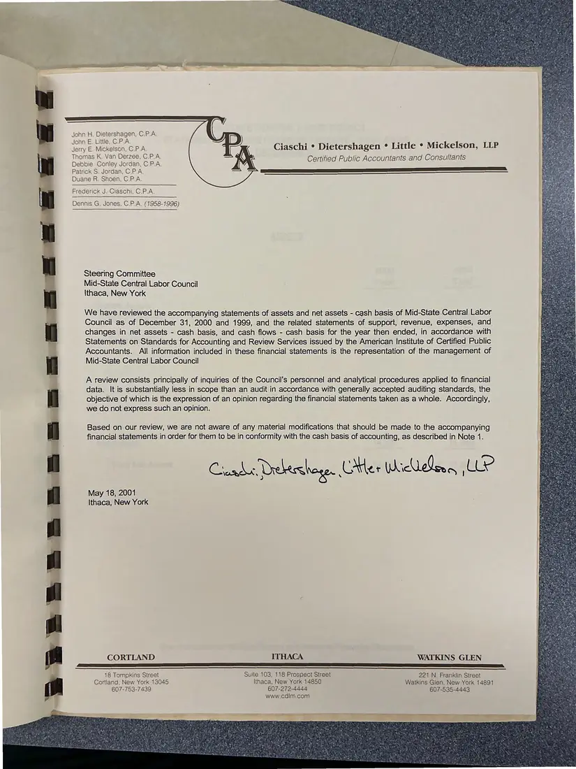 Photograph of a financial report: Midstate Central Labor Council financial report, 2000 and 1999, page 4.