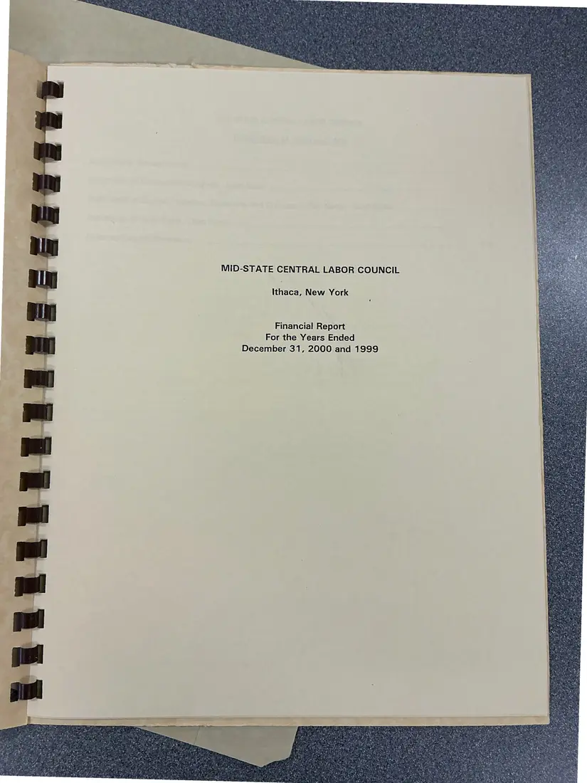 Photograph of a financial report: Midstate Central Labor Council financial report, 2000 and 1999, page 2.