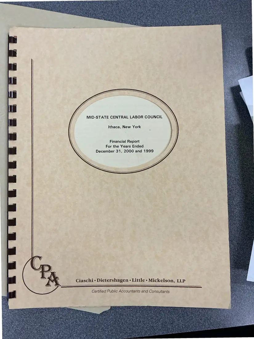 Photograph of a financial report: Midstate Central Labor Council financial report, 2000 and 1999, page 1.