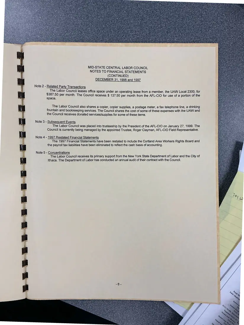 Photograph of a financial report: Midstate Central Labor Council financial report, 1998 and 1997, page 9.
