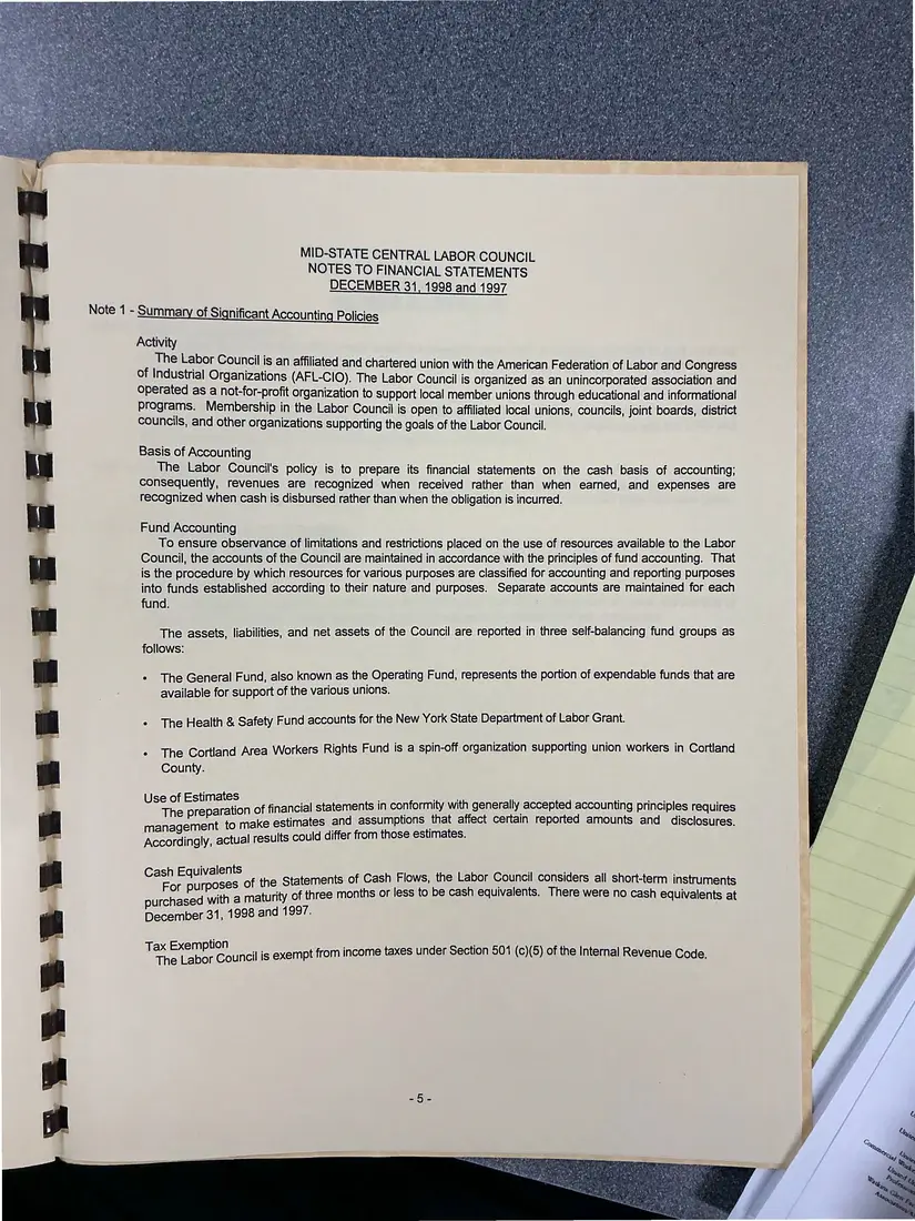 Photograph of a financial report: Midstate Central Labor Council financial report, 1998 and 1997, page 8.
