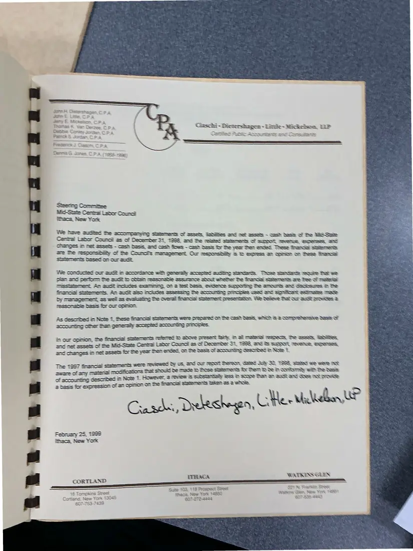 Photograph of a financial report: Midstate Central Labor Council financial report, 1998 and 1997, page 4.