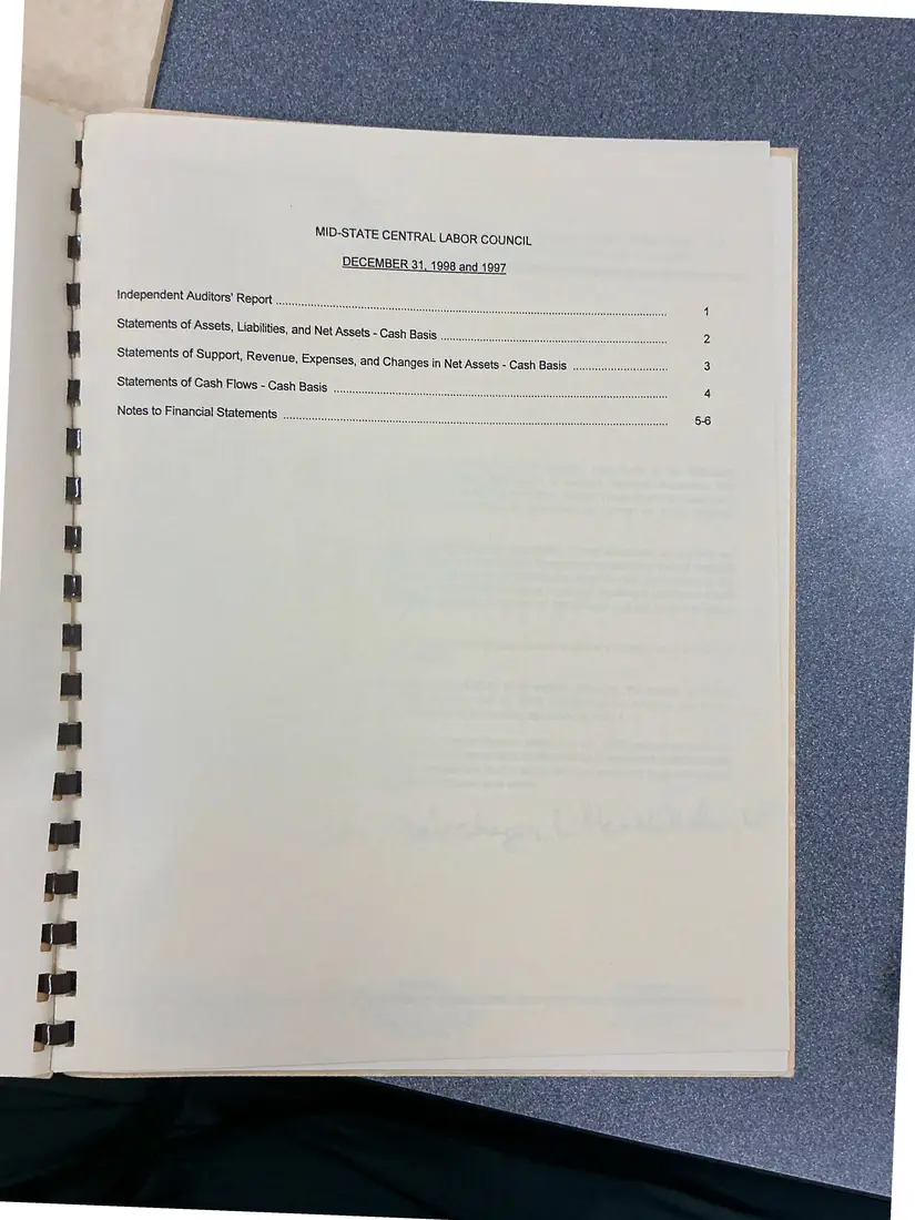 Photograph of a financial report: Midstate Central Labor Council financial report, 1998 and 1997, page 3.