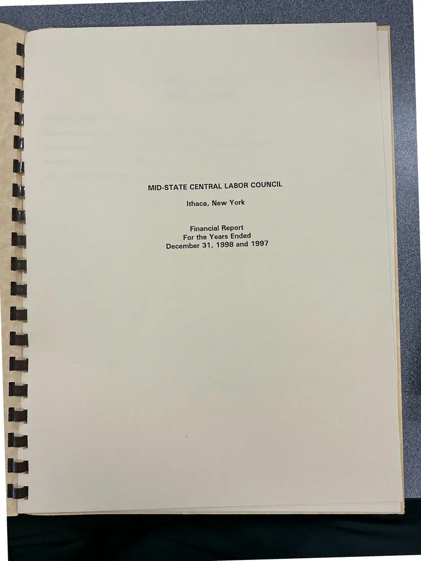 Photograph of a financial report: Midstate Central Labor Council financial report, 1998 and 1997, page 2.