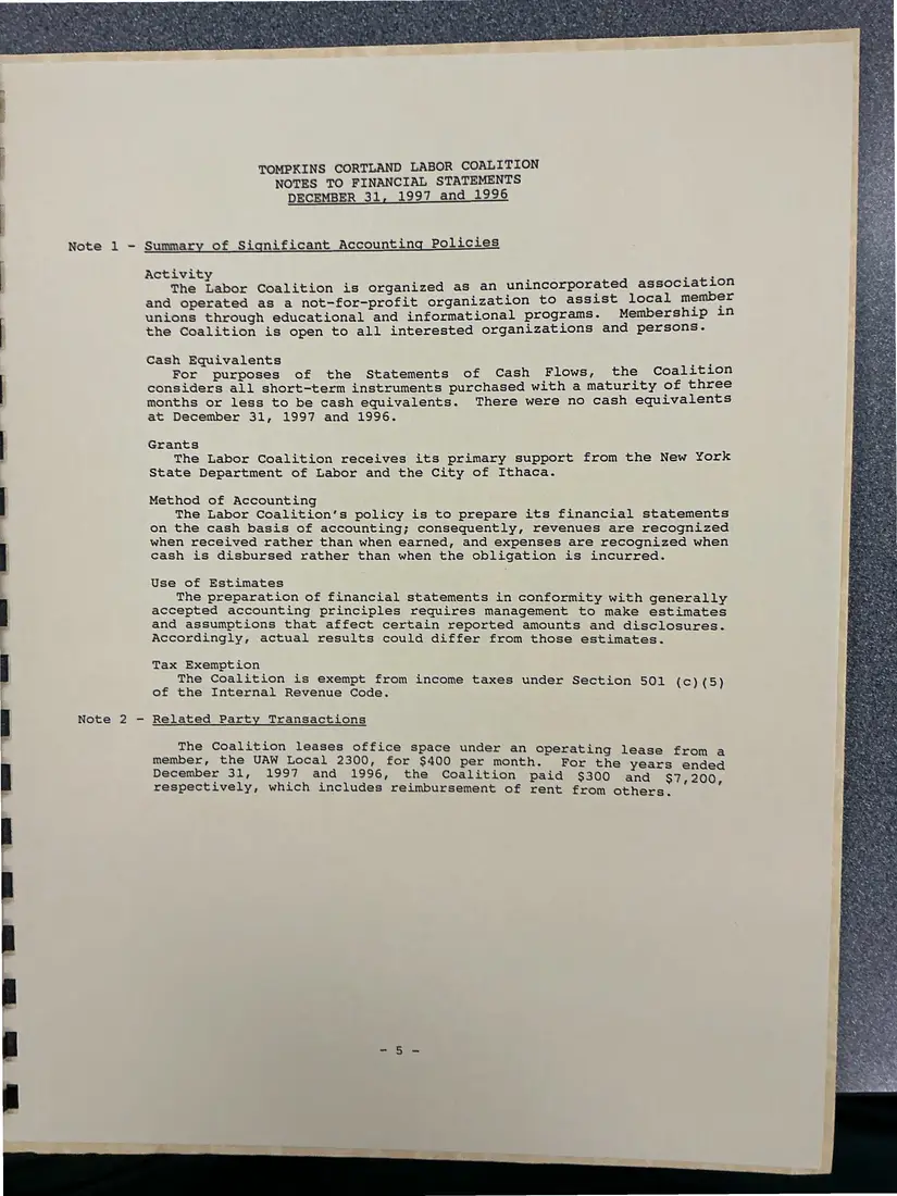 Photograph of a financial report: Tompkins Cortland Labor Coalition review report on financial statements, 1997 and 1996, page 7.