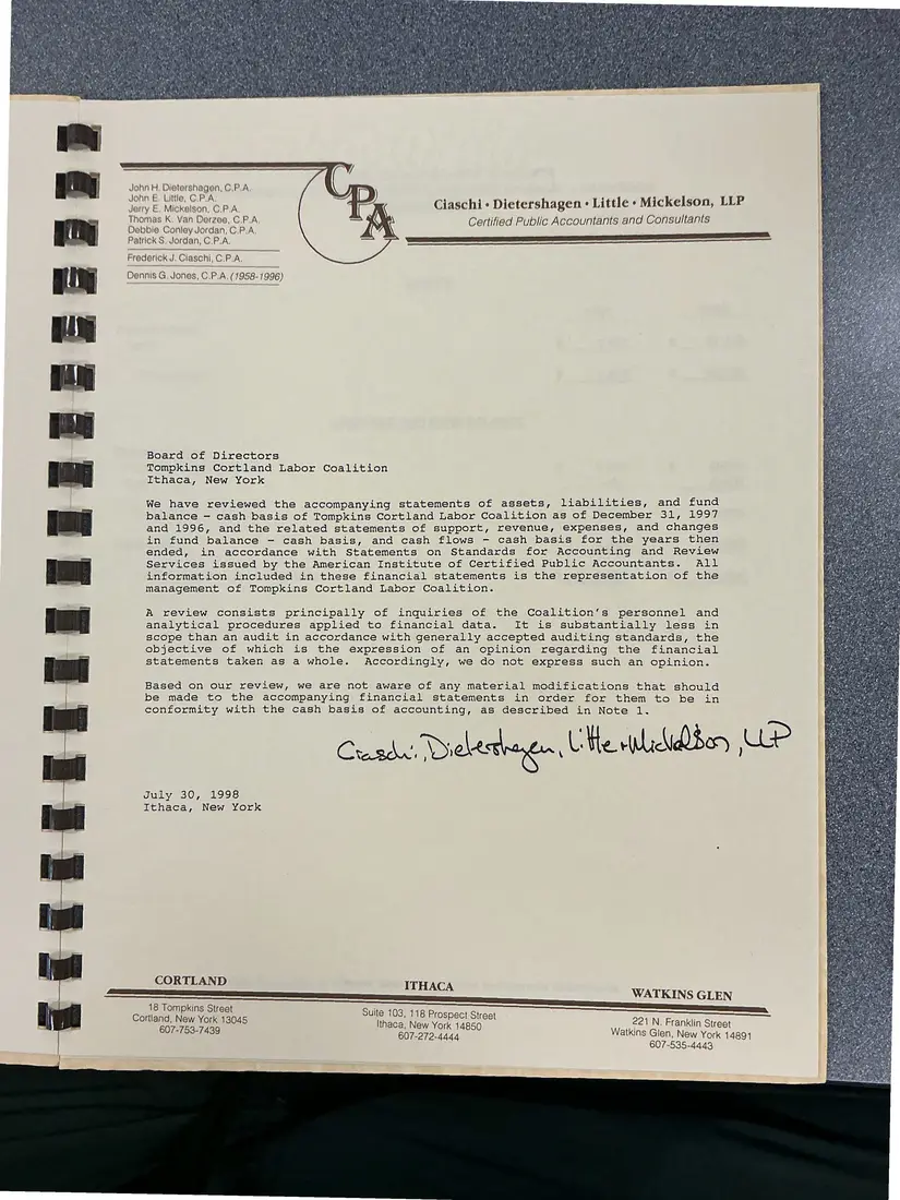 Photograph of a financial report: Tompkins Cortland Labor Coalition review report on financial statements, 1997 and 1996, page 3.