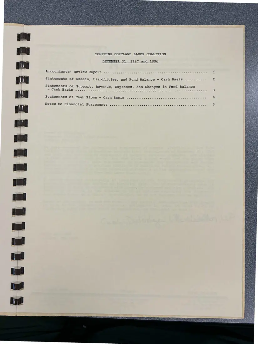 Photograph of a financial report: Tompkins Cortland Labor Coalition review report on financial statements, 1997 and 1996, page 2.