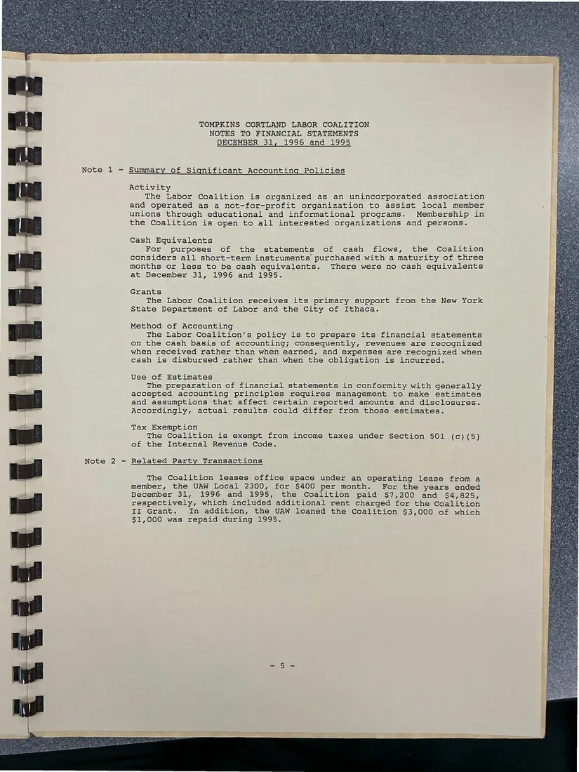 Photograph of a financial report: Tompkins Cortland Labor Coalition review report on financial statements, 1996 and 1995, page 7.