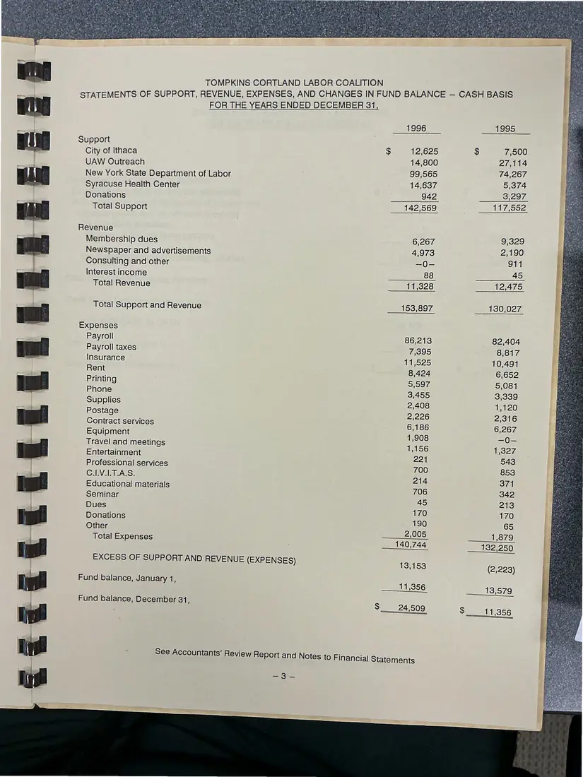 Photograph of a financial report: Tompkins Cortland Labor Coalition review report on financial statements, 1996 and 1995, page 5.