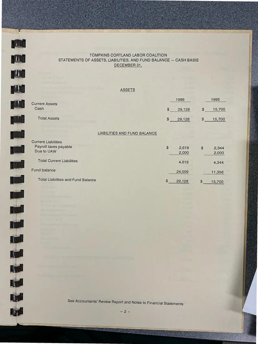 Photograph of a financial report: Tompkins Cortland Labor Coalition review report on financial statements, 1996 and 1995, page 4.
