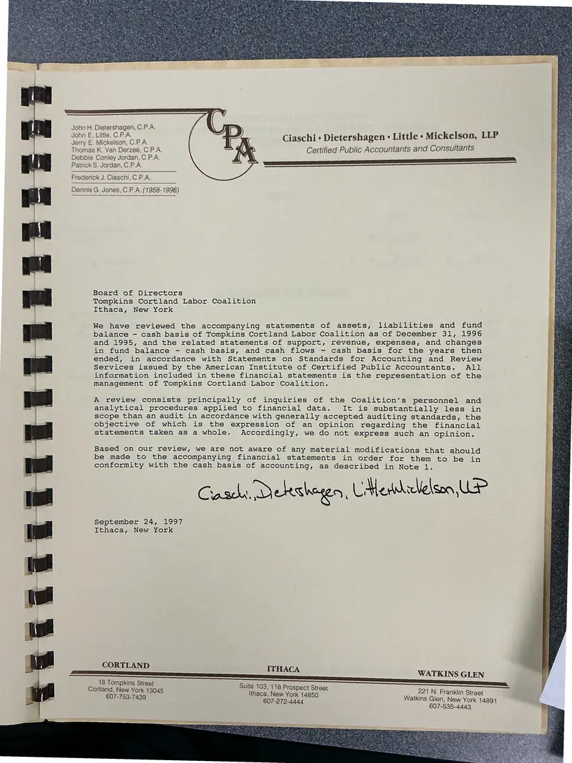 Photograph of a financial report: Tompkins Cortland Labor Coalition review report on financial statements, 1996 and 1995, page 3.