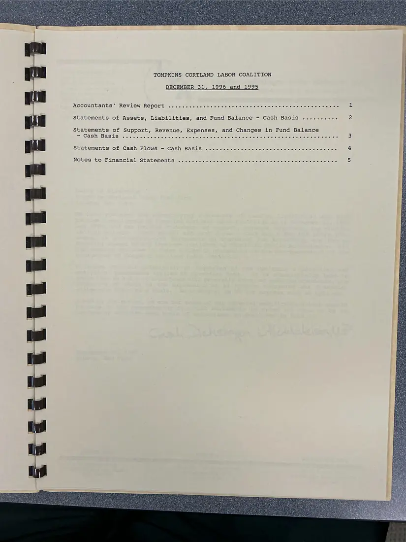 Photograph of a financial report: Tompkins Cortland Labor Coalition review report on financial statements, 1996 and 1995, page 2.