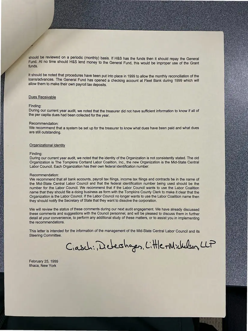 Photograph of a letter: Auditors' management letter to the Steering Committee, page 2.