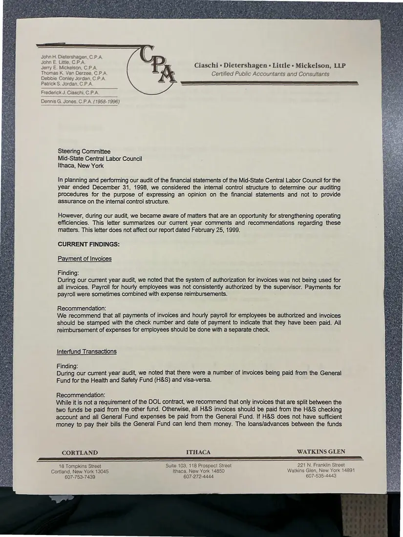 Photograph of a letter: Auditors' management letter to the Steering Committee, page 1.