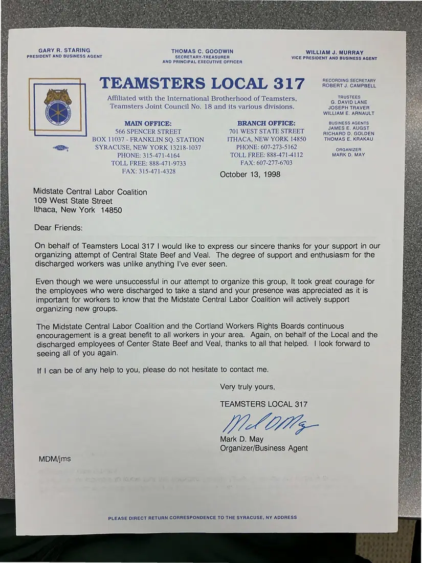 Photograph of a letter: Teamsters Local 317 thanks the Midstate Central Labor Council, page 1.