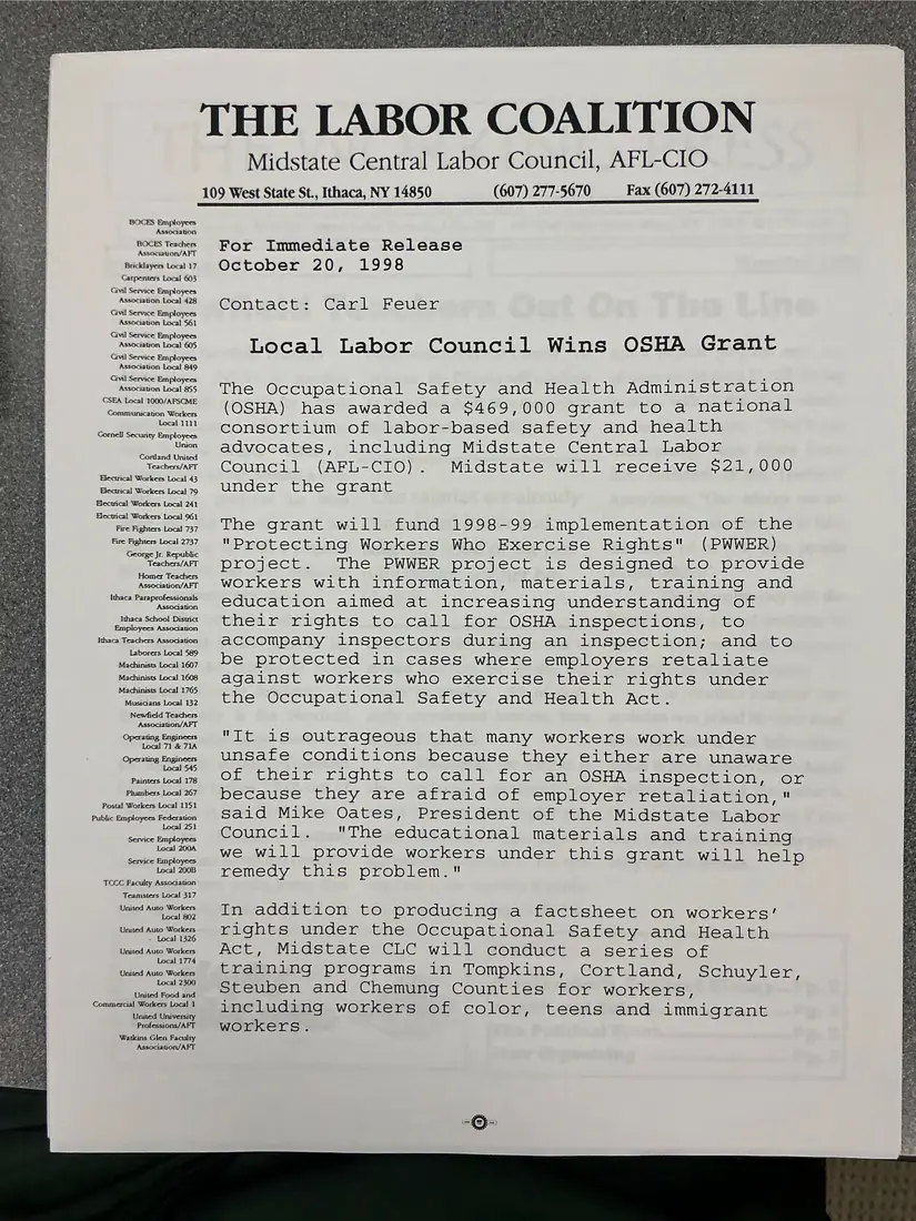 Photograph of a press release: Press release: “Local Labor Council Wins OSHA Grant”, page 1.