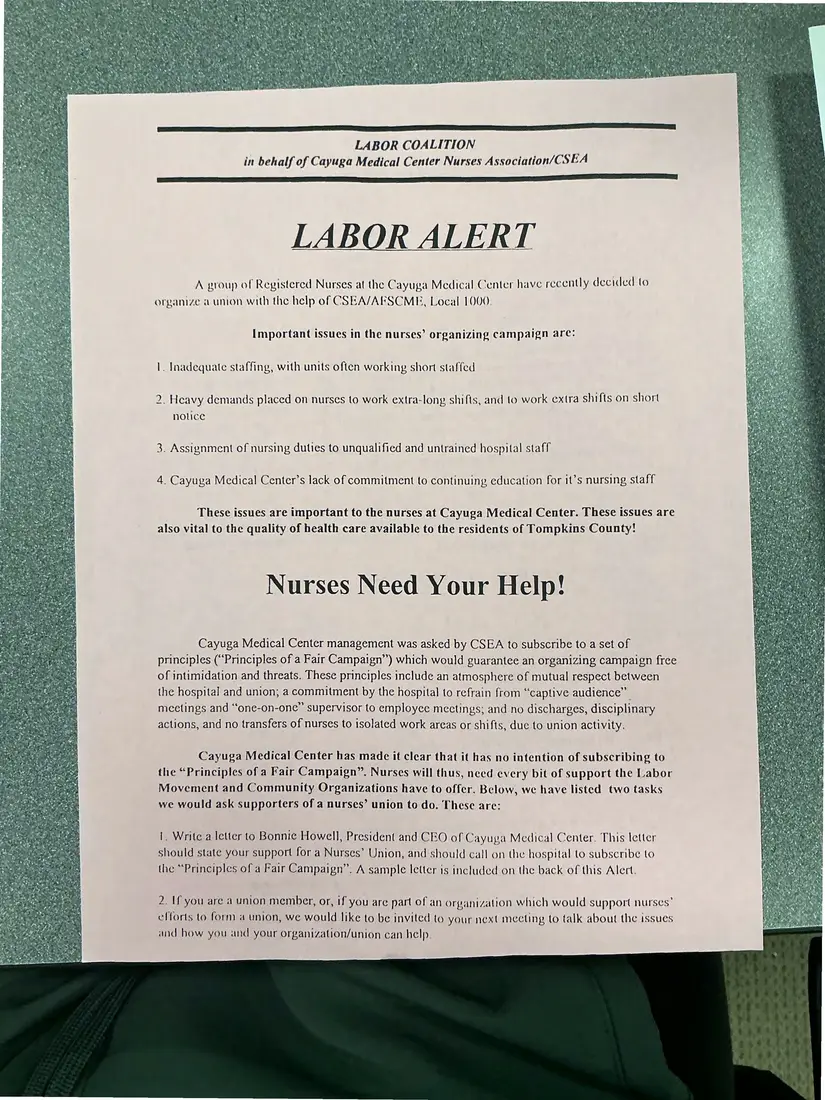 Photograph of a flyer: LABOR ALERT: “Nurses Need Your Help!” (Cayuga Medical Center), page 1.