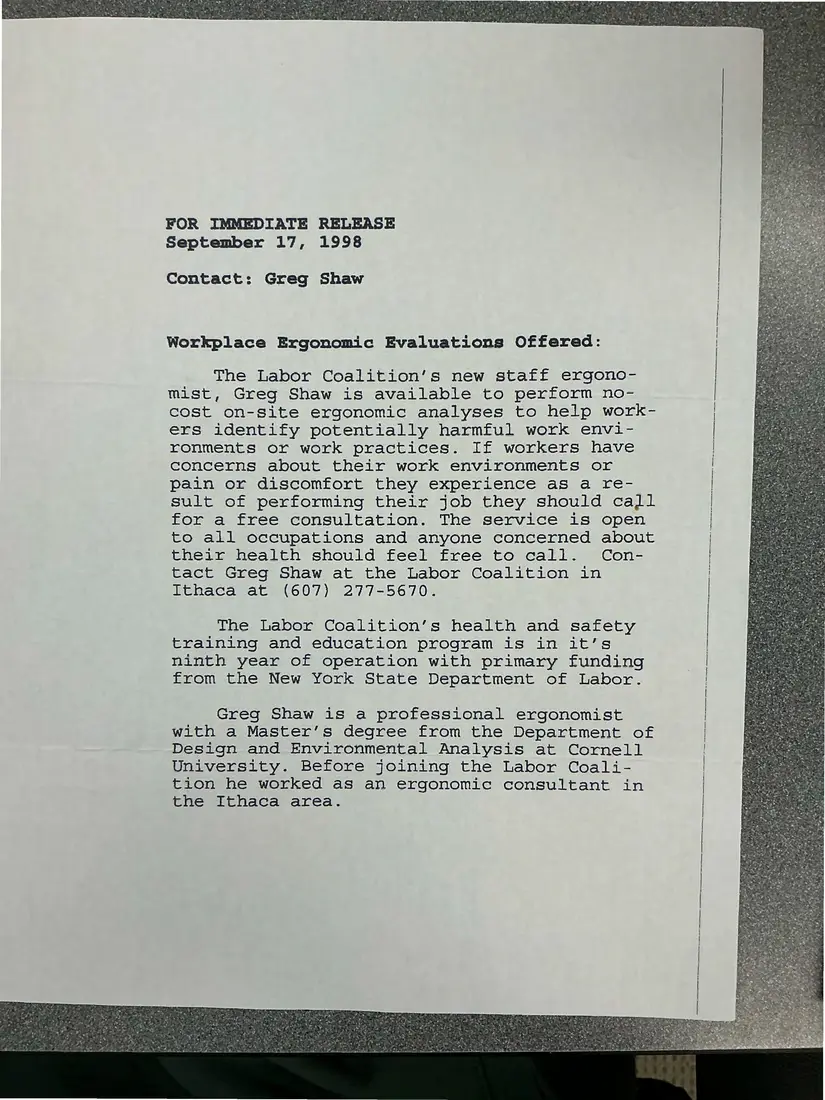 Photograph of a press release: Press release: “Workplace Ergonomic Evaluations Offered”, page 1.