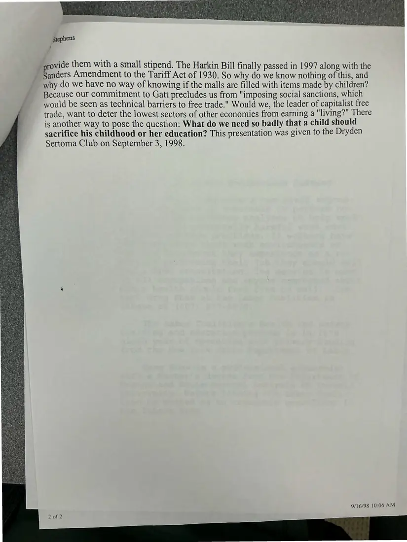 Photograph of a typed speech: Presentation on child labor and trade to the Dryden Sertoma Club, page 2.